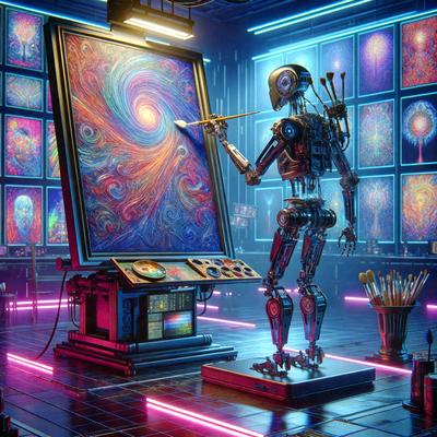 The primary subject of the image is a robot standing in front of a painting. The robot is holding a paintbrush, and it appears to be painting the picture. The setting is a room with a desk and a chair, and there are multiple paintings on the walls. The visual style of the image is a combination of digital art and illustration, creating a futuristic and artistic atmosphere. The dominant colors in the image are blue and purple, which contribute to the overall mood of the scene.
